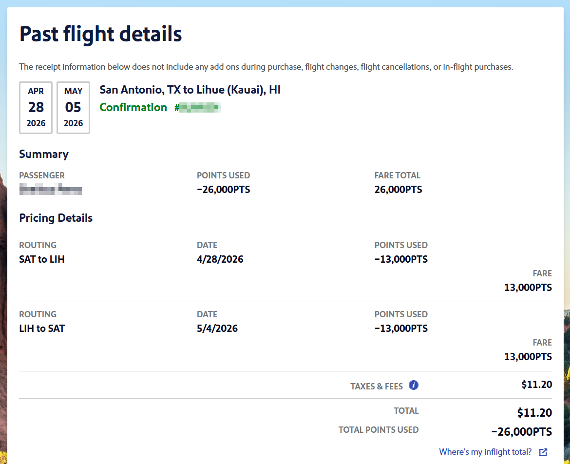 Redacted Southwest past flight details for a San Antonio to Lihue award booking showing 26,000 points and $11.20 in taxes